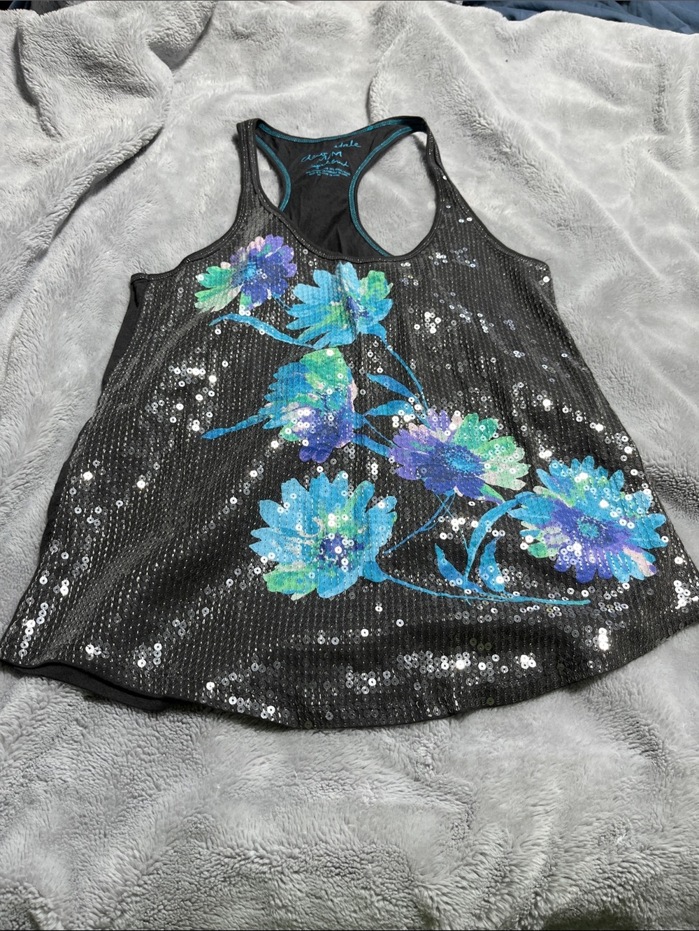 Aeropostale Black Sequin Racerback Tank with Blue, Teal & Purple Floral Print
